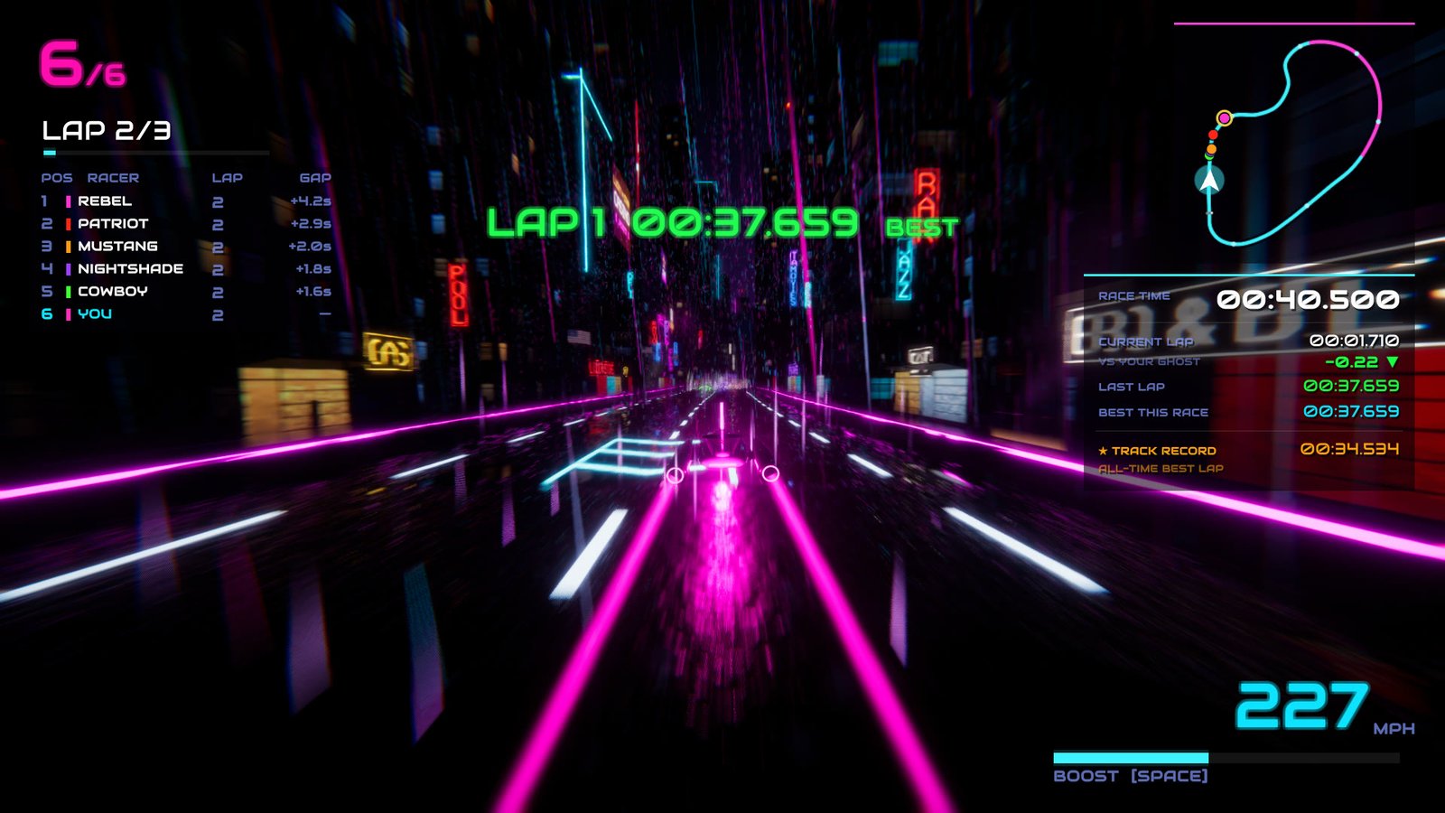 A Neon Rain hover racer on a rain-soaked neon street as its lap time flashes up