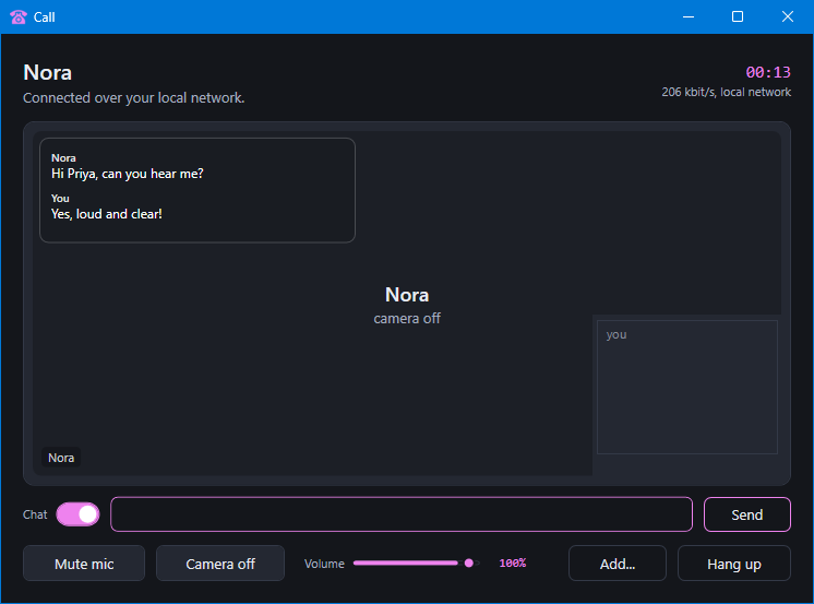 A call in progress, with a text chat alongside the video
