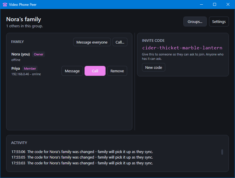 The main window: who's in the family, and a button to call them