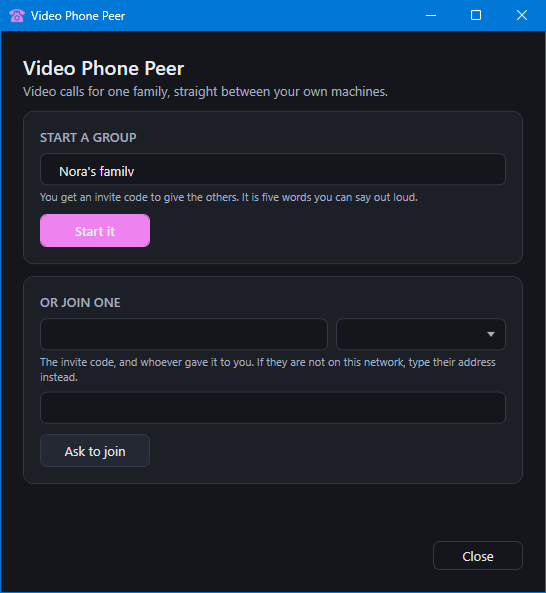 Starting a group, with a five-word invite code to share