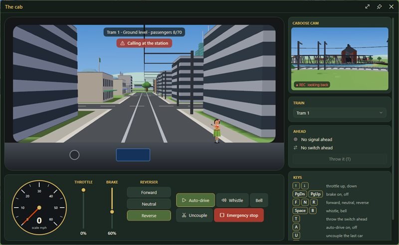 The cab window: a tram street between office blocks, with speedometer, throttle, brake and reverser below