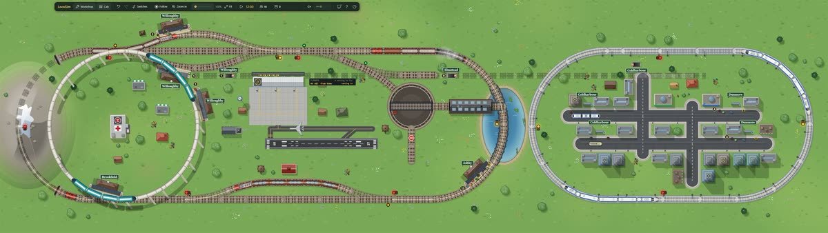 A whole model railway seen from above across two screens: a monorail ring, a station, a turntable, an airport, a lake and a town with tram lines inside a high-speed oval