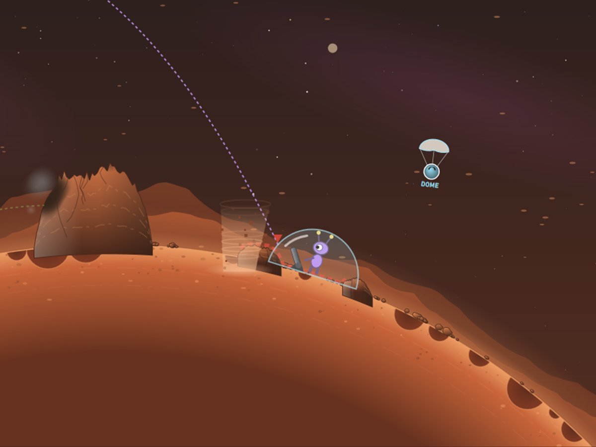 Martian Mortars - a domed Martian and its mortar on the curve of Mars, under a falling shell