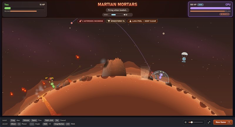 Asteroids falling while a tornado crosses the field and lava pours from a vent beside the CPU's domed Martian