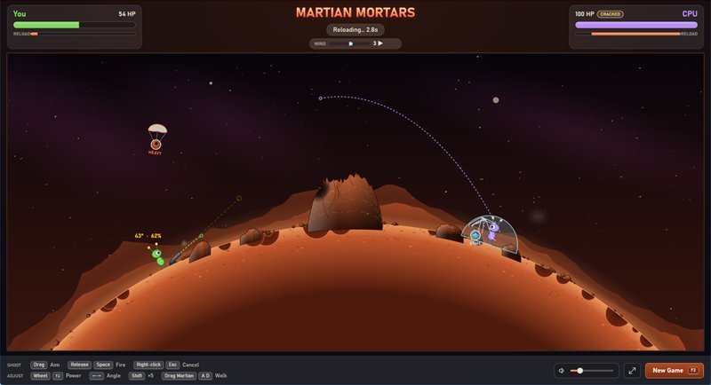 Both Martians' shell arcs crossing over the central massif while a power-up parachutes down