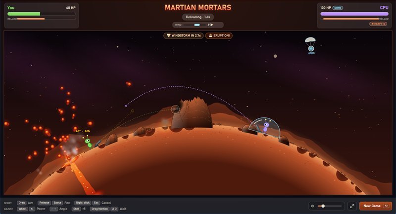 A lava vent erupting beside the green Martian, flinging molten blobs into the sky