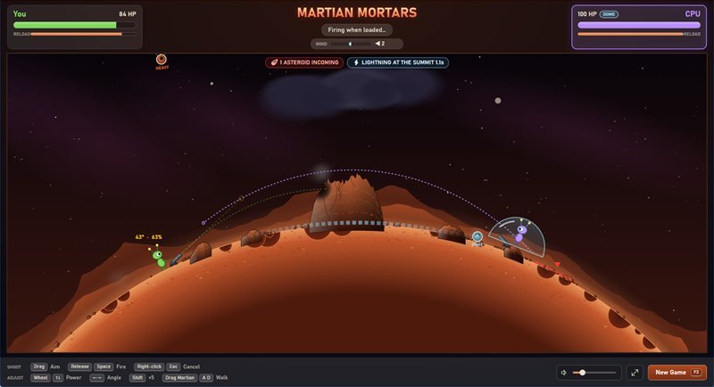 A dark cloud over the central rock massif with a lightning warning, as both Martians trade shots