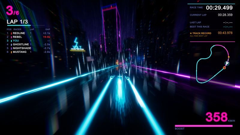 Racer at 358 km/h with cyan and pink light trails