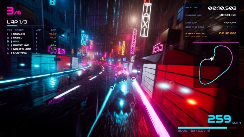 Racer banking through a narrow neon alley with motion blur