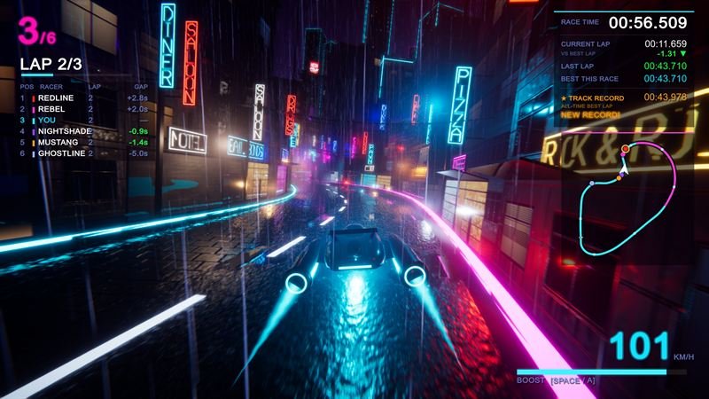 Hover racer on a wet street lined with neon diner, saloon and pizza signs