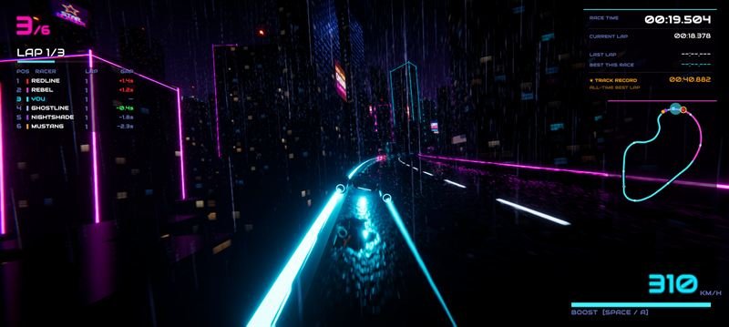 Racer on a long straight between glowing cyan and magenta rails