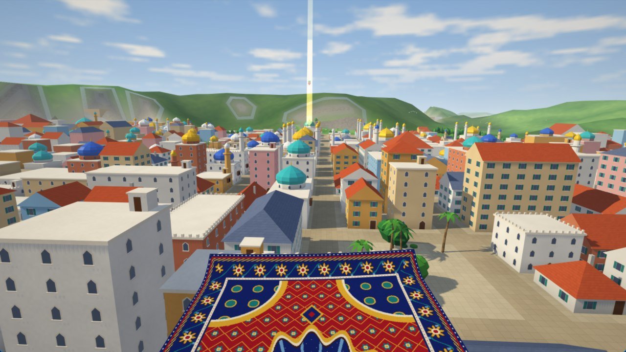 The carpet hovering over a city of domes and minarets, a beam of light rising from the museum at the end of the avenue