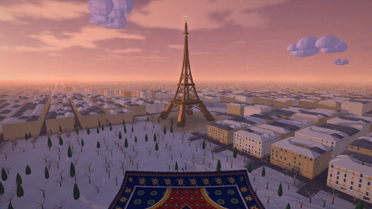 Sky Carpet - a Persian rug flying over snowy Paris toward the Eiffel Tower at dusk