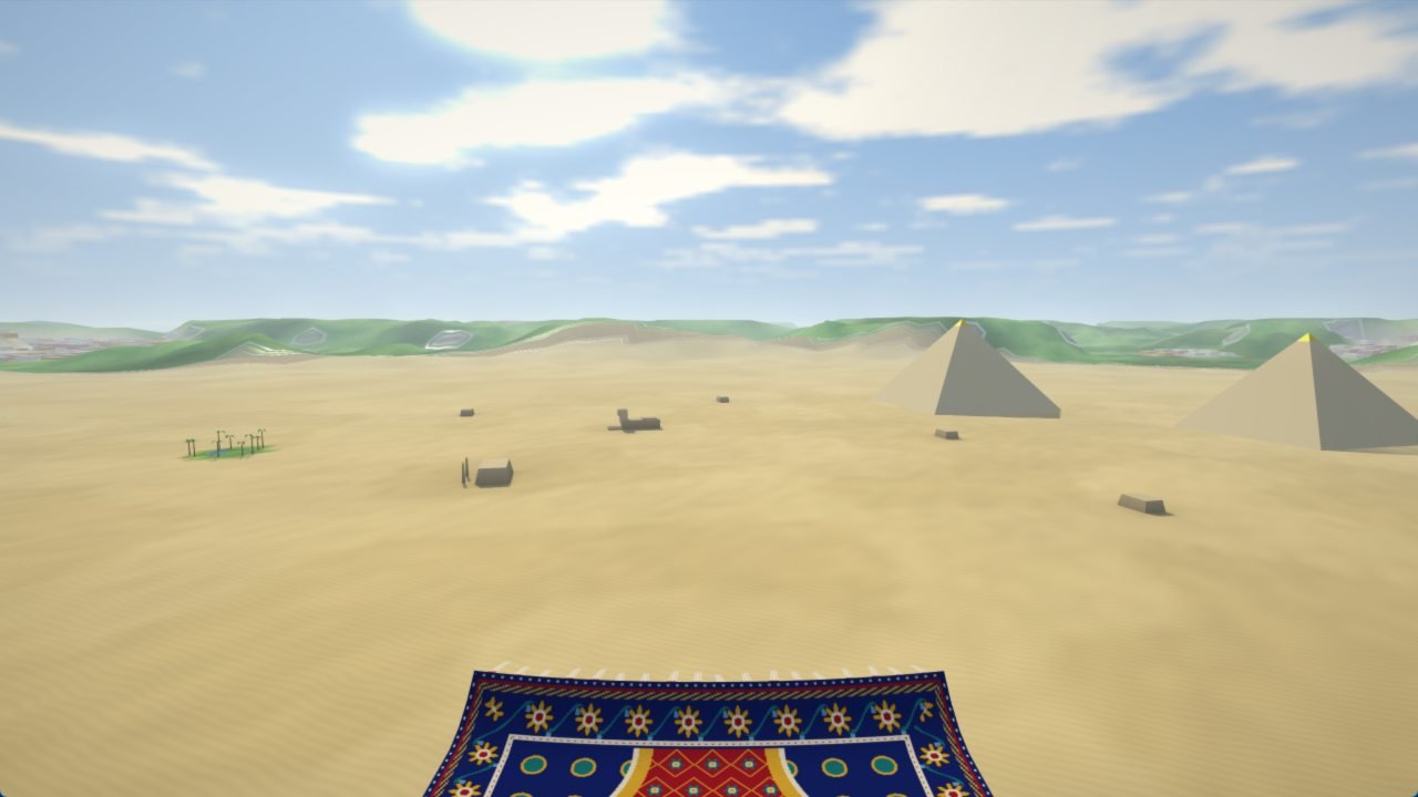 Flying across the desert toward the pyramids of Giza and the Sphinx