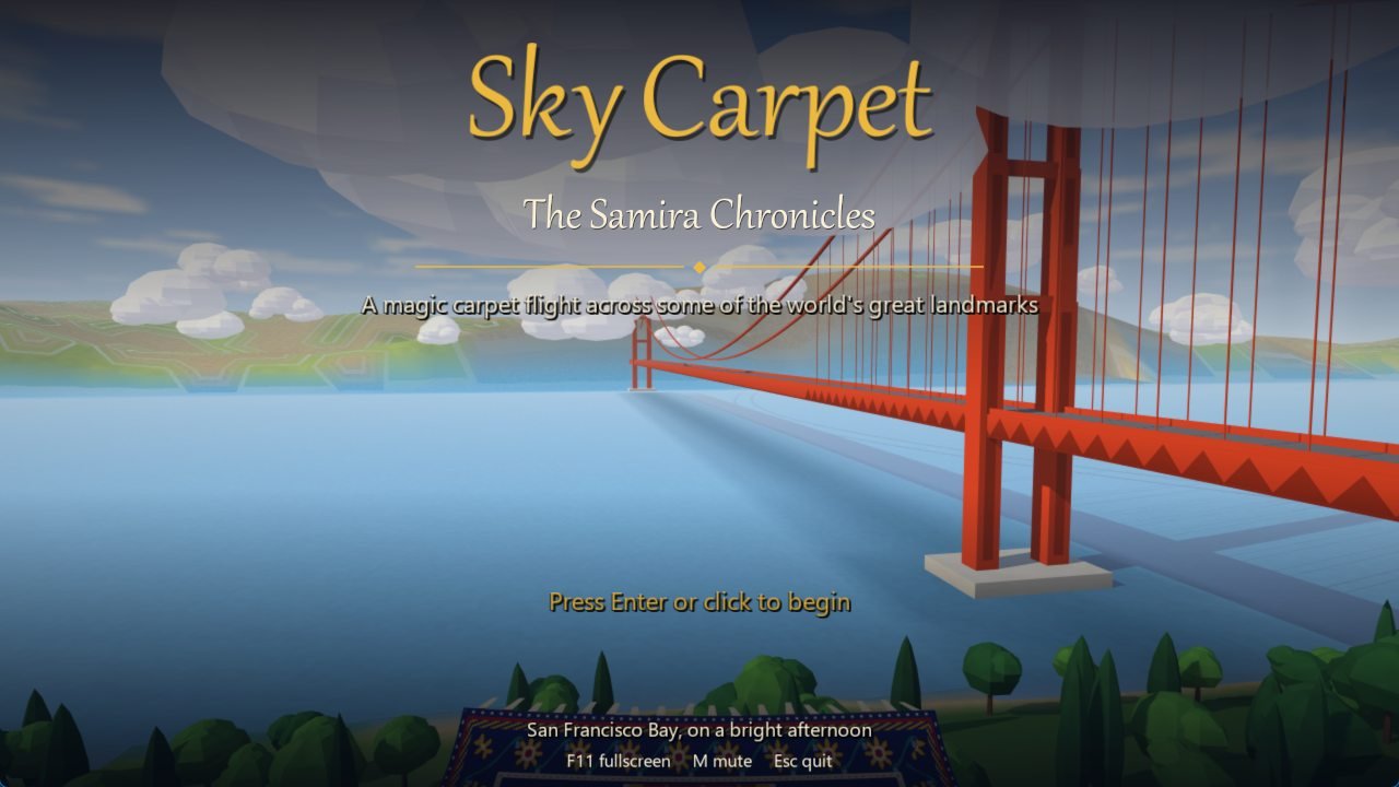 The Sky Carpet title screen, circling one of the six landmarks